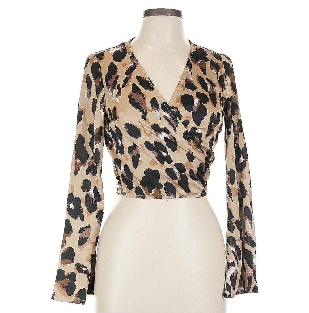 Club L Animal Print Wrap Crop Top Long Sleeves Size UK 14 / US 10